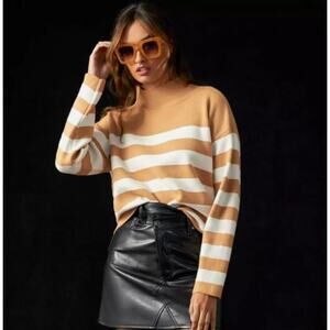 Anthropologie Maeve The Carys Mock Neck Sweater in Neutral Motif Stripe - Size L